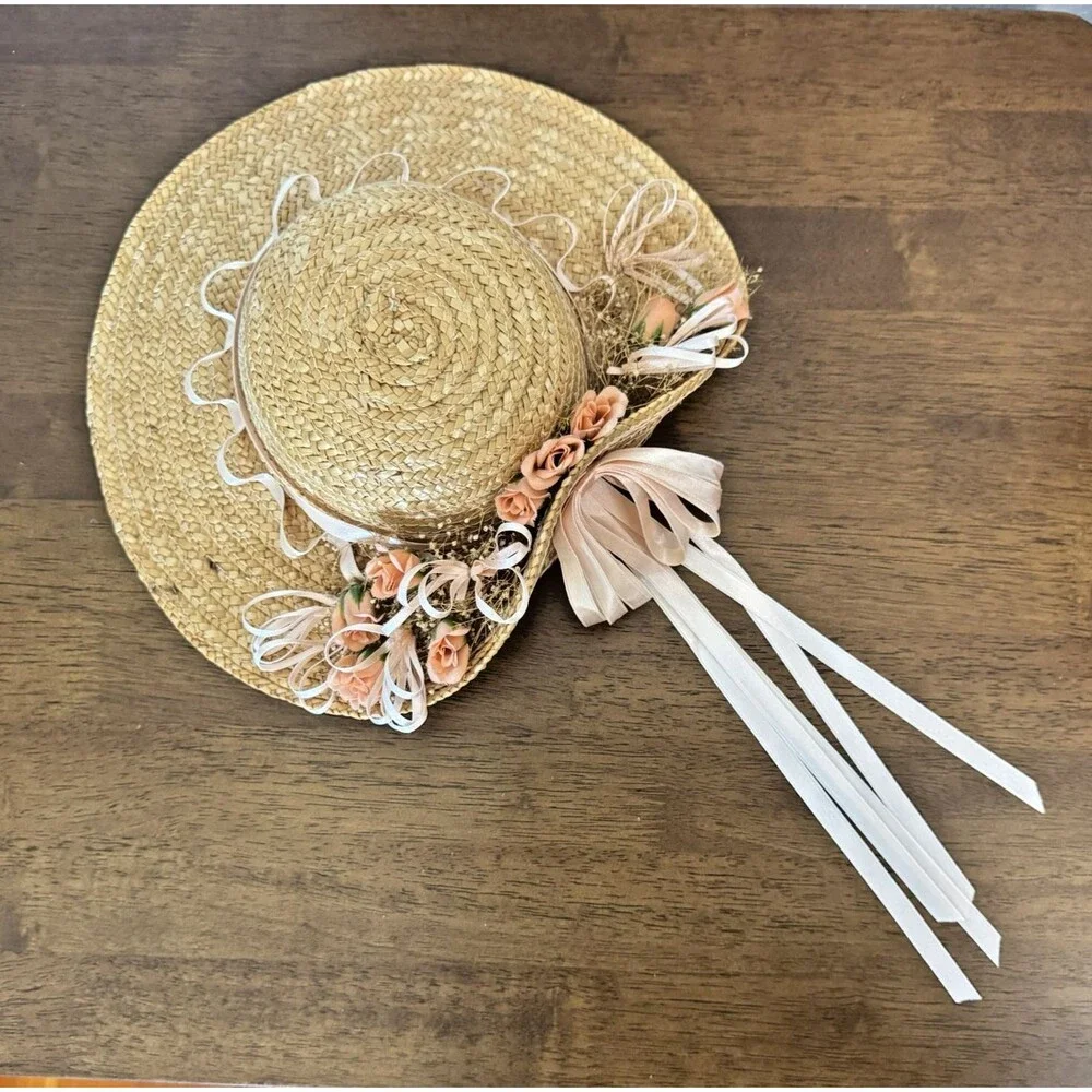 Straw Hat with Peach Flowers, Ribbons Grannycore Cottagecore Wall Decor